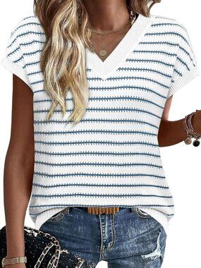 👑 Women’s Blue White Striped V-Neck Crochet Sweater Vest Summer